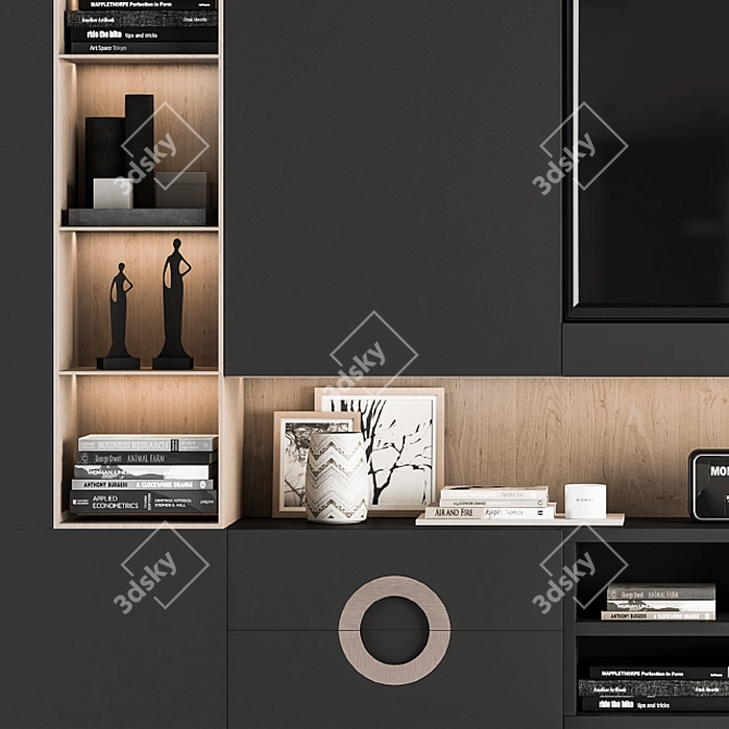 Modern Black and Wood TV Wall 3D model image 3