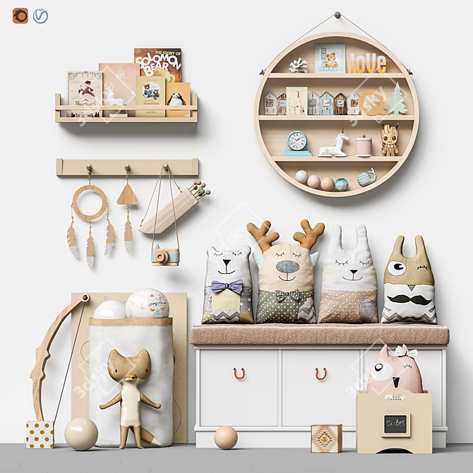 Kids' Furniture and Toy Set: Sturdy Shelf, Plush Toys, Decorative Accessories 3D model image 1