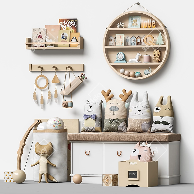 Kids' Furniture and Toy Set: Sturdy Shelf, Plush Toys, Decorative Accessories 3D model image 2