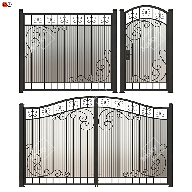 Elegant Wrought Iron Fence Set 3D model image 1