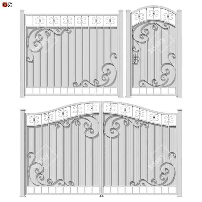 Elegant Wrought Iron Fence Set 3D model image 2