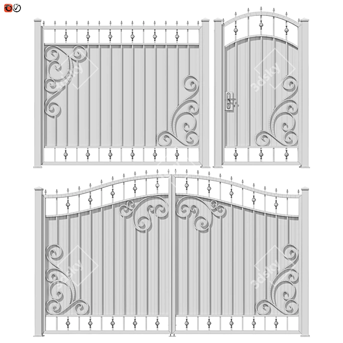 Elegant Wrought Iron Fence Set 3D model image 2