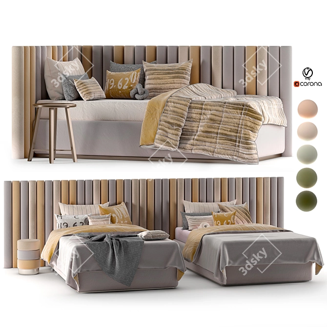 Modern Day Bed Set with 5 Color Textures 3D model image 1