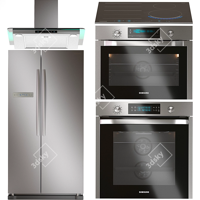 Samsung Kitchen Appliances Bundle: Oven, Induction Hob, Wall-Mount Hood, Fridge 3D model image 1