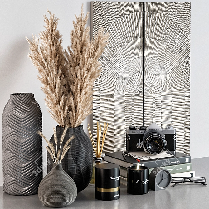 Elegant Decor Set: Pampas Grass, Vases, Books, Candlesticks, and More 3D model image 3