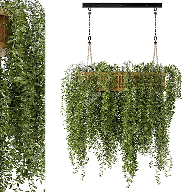 Natural Wood Indoor Hanging Plants with Macrame Décor 3D model image 1