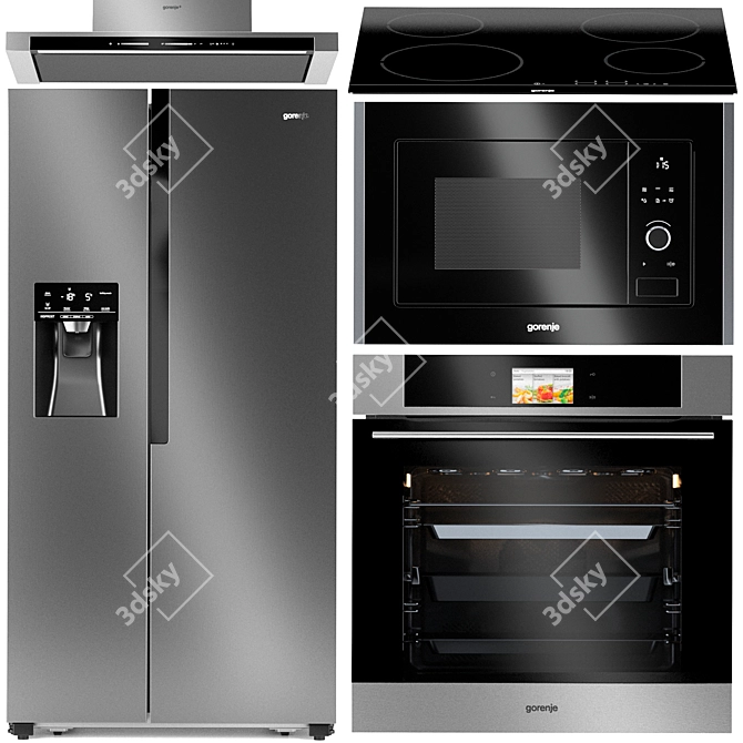 Gorenje Kitchen Essentials Set: Microwave, Oven, Hood, Induction Cooktop, Side-by-Side Fridge 3D model image 1