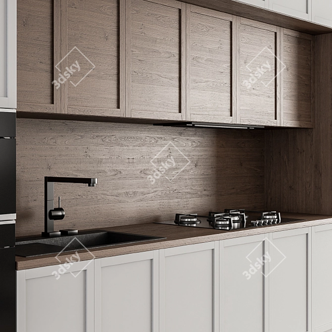 Neo Classic Kitchen - White & Wood 3D model image 2