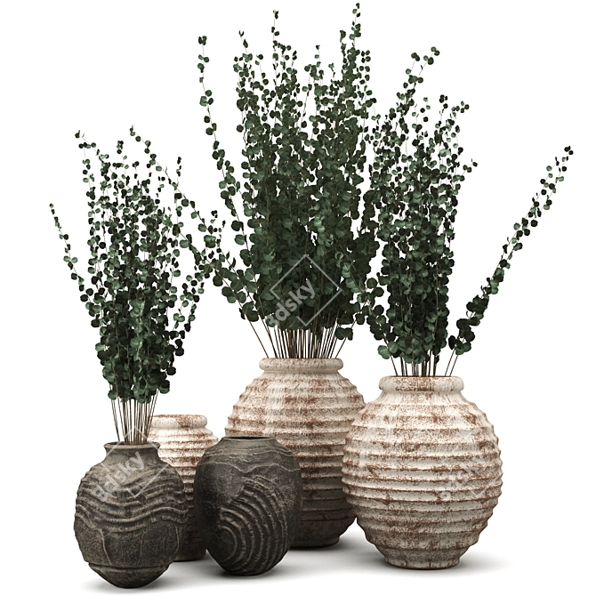 Handcrafted Clay Vases with Eucalyptus 3D model image 1