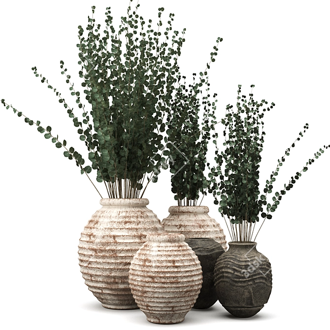 Handcrafted Clay Vases with Eucalyptus 3D model image 3