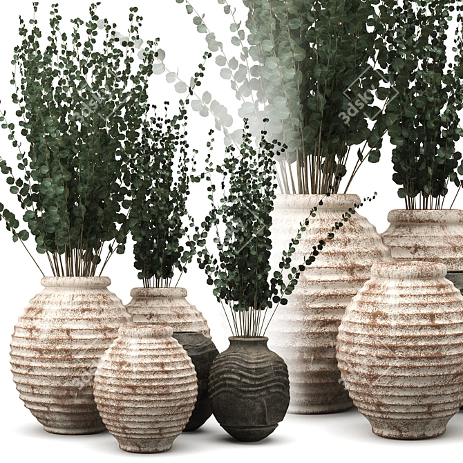 Handcrafted Clay Vases with Eucalyptus 3D model image 5