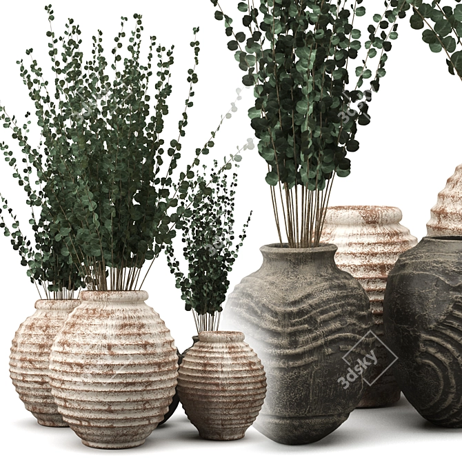 Handcrafted Clay Vases with Eucalyptus 3D model image 6