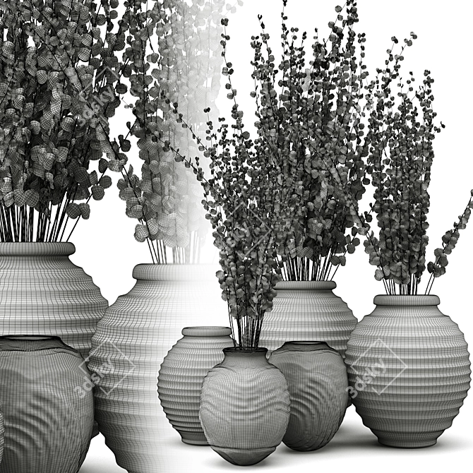 Handcrafted Clay Vases with Eucalyptus 3D model image 7