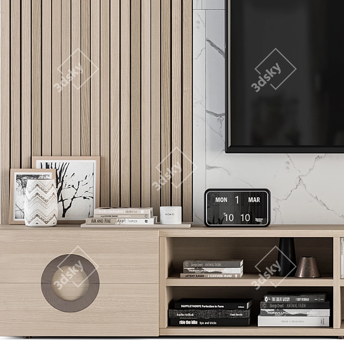 Elegant Fusion: Marble & Wood TV Wall 3D model image 2