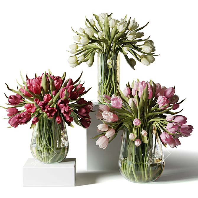 Colorful Tulip Bouquet in Glass Vases 3D model image 4