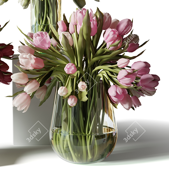 Colorful Tulip Bouquet in Glass Vases 3D model image 6