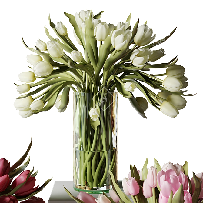 Colorful Tulip Bouquet in Glass Vases 3D model image 7