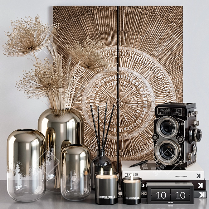 Elegant Home Decor Set: Pampas Grass, Vases, Books, Candlesticks, and More 3D model image 1