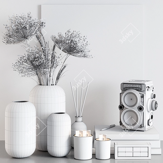 Elegant Home Decor Set: Pampas Grass, Vases, Books, Candlesticks, and More 3D model image 5