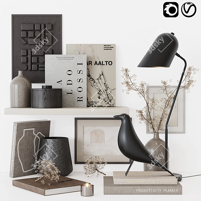 Modern Decor Set: Eames Bird, Ceramic Vase, Eucalyptus 3D model image 1