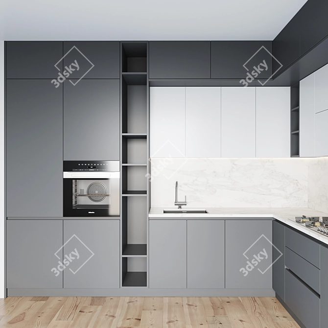 Modern Kitchen Set: Gas Hob, Oven, Sink & Hood 3D model image 2