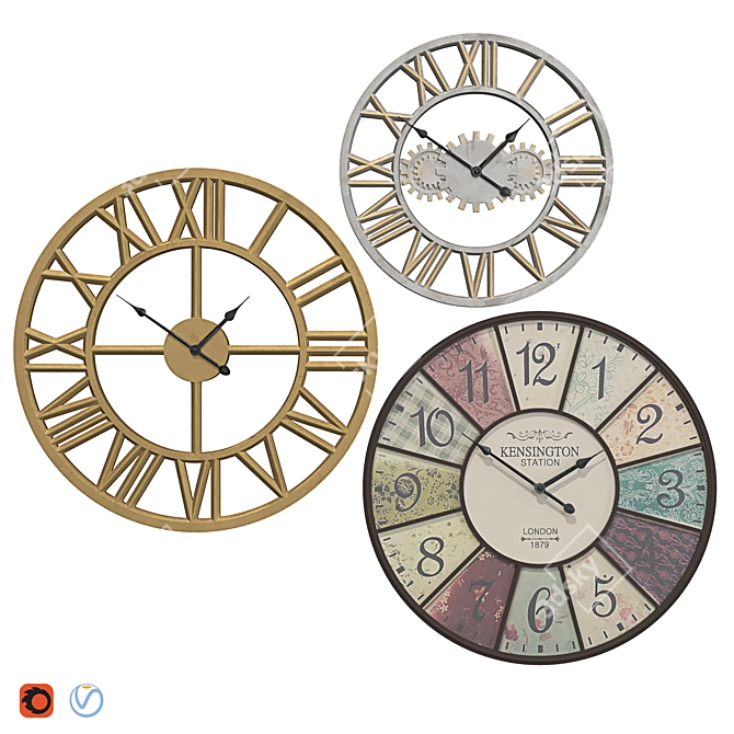 Modern Wall Clock Trio Set 3D model image 1