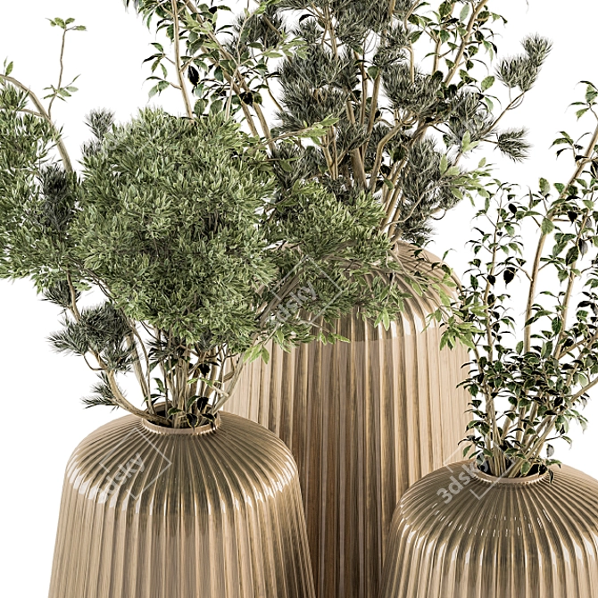Stunning Green Branch in Gold Vase 3D model image 2