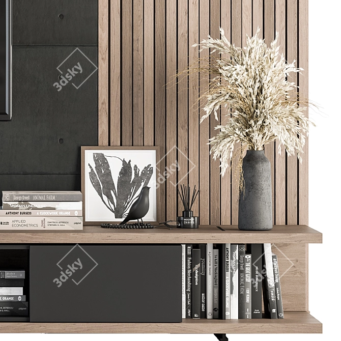 Contemporary Wood and Concrete TV Wall Set 3D model image 2