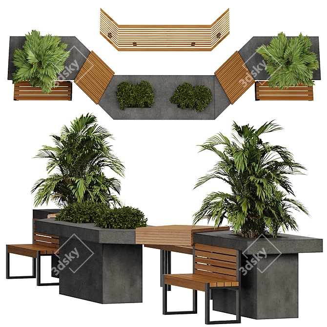 Modern Bench and Plant Set 3D model image 1