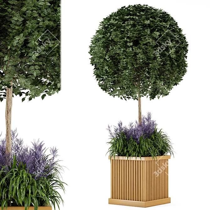 Wooden Pot Bush and Tree Set - Outdoor Plants 3D model image 1