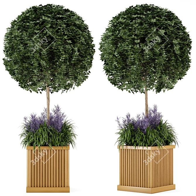 Wooden Pot Bush and Tree Set - Outdoor Plants 3D model image 3