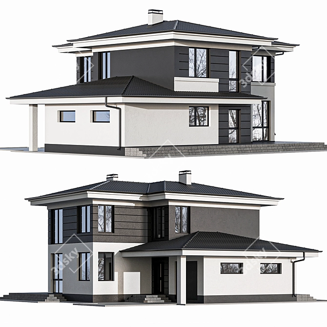 Modern Two-Story Cottage with Panoramic Windows 3D model image 2