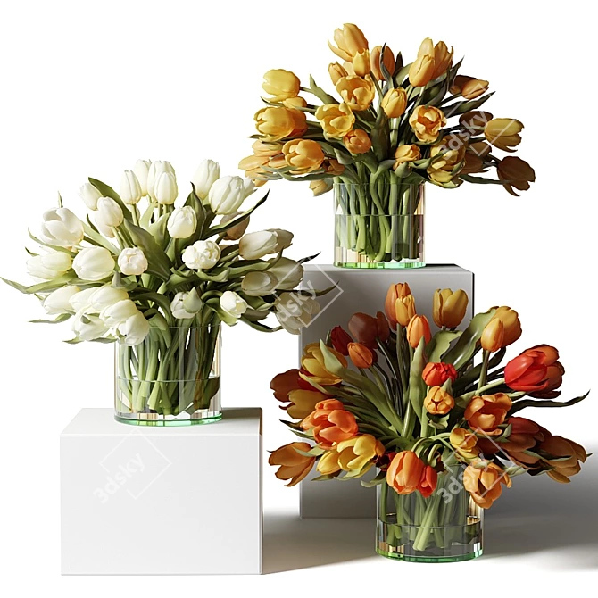 Colorful Tulip Bouquet in Glass Vases 3D model image 1