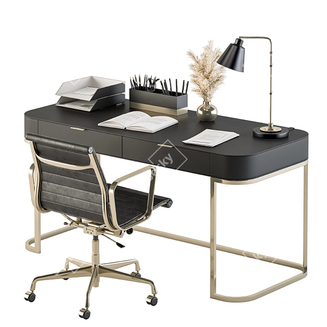 Elegant Black & Gold Office Set 3D model image 1