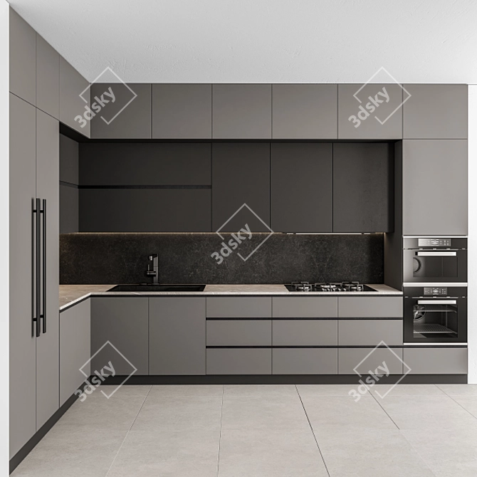 Sleek Gray and Black Kitchen 3D model image 1