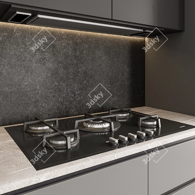 Sleek Gray and Black Kitchen 3D model image 2