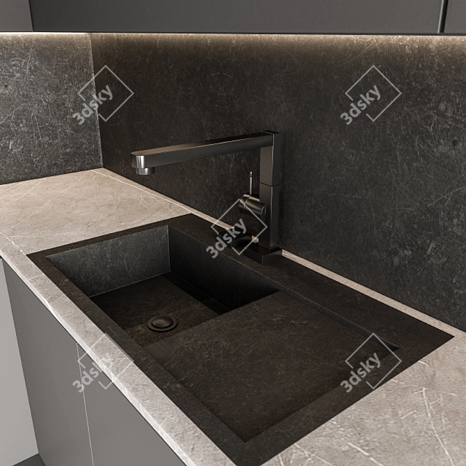 Sleek Gray and Black Kitchen 3D model image 3