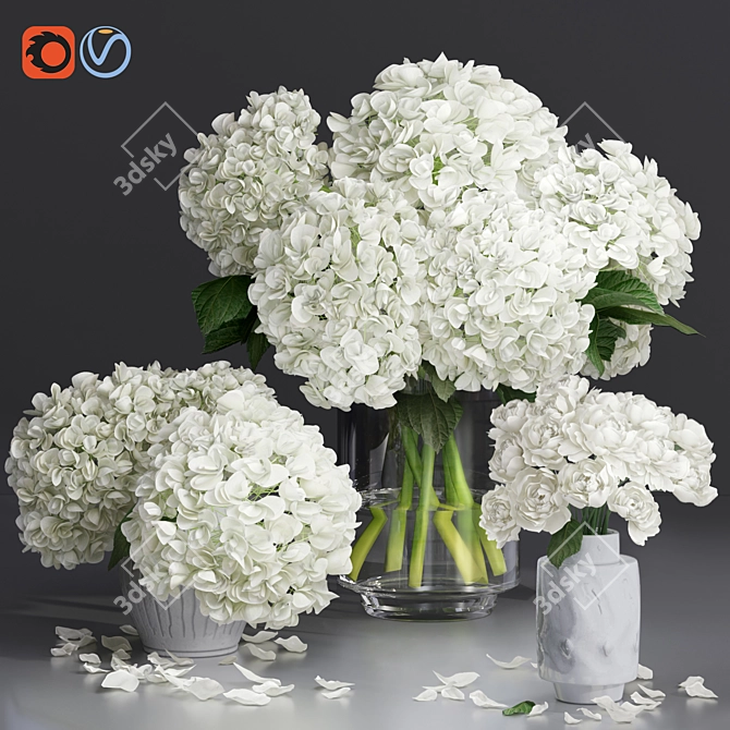 Elegant White Hydrangea and Peony Twig Vases 3D model image 1