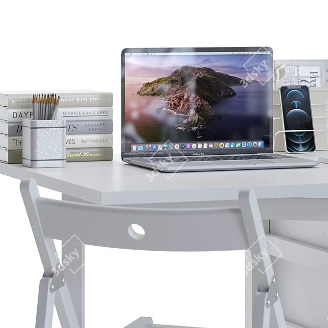 Modern Office Set: Desk, Chair, MacBook, iPhone 3D model image 4