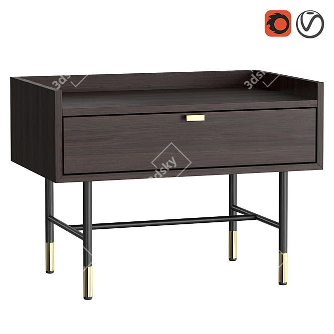 Elegant Walnut Bedside Table with Golden Accents 3D model image 1