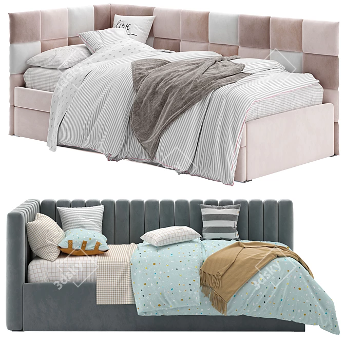 Modern Corner Bed with Elegant Panels 3D model image 2