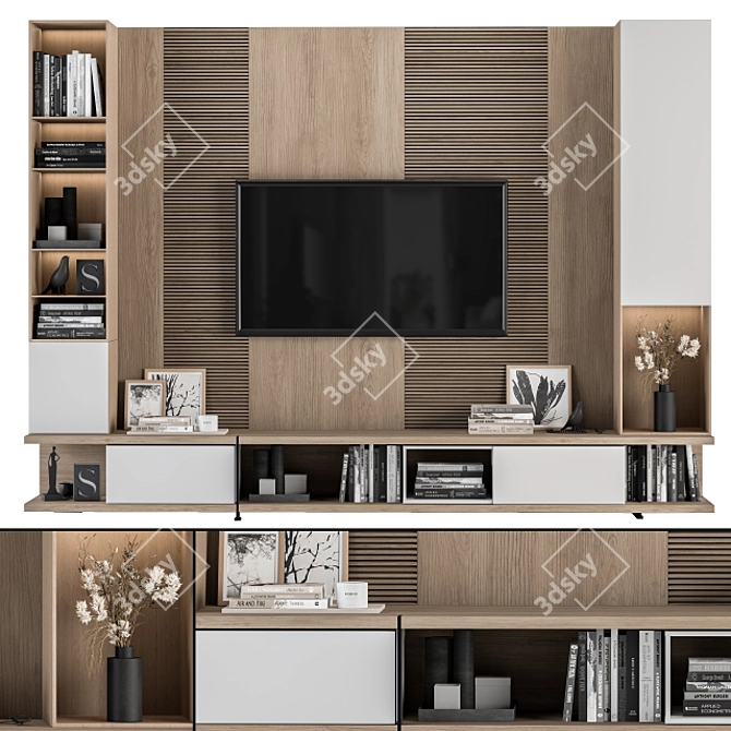 Modern White and Wood TV Wall 3D model image 1