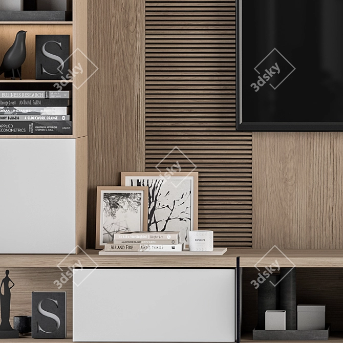 Modern White and Wood TV Wall 3D model image 2