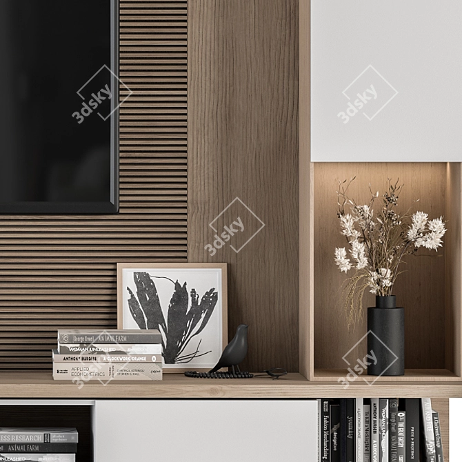 Modern White and Wood TV Wall 3D model image 3