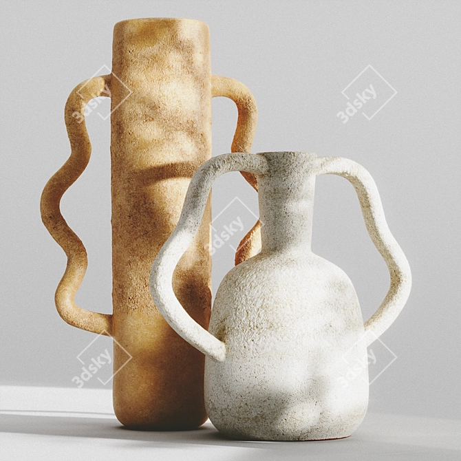 Title: Terracotta Vases with Decorative Handles - Set of 2 3D model image 1