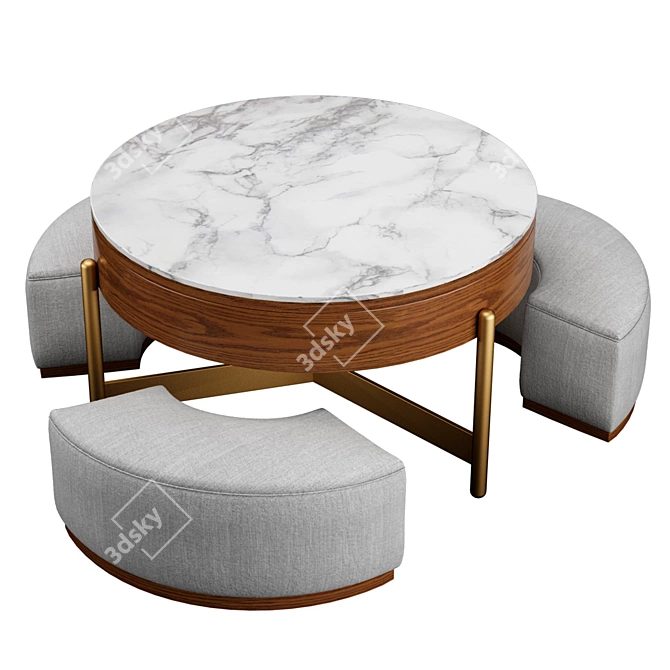 Transforming Coffee Table with 3 Stools 3D model image 3