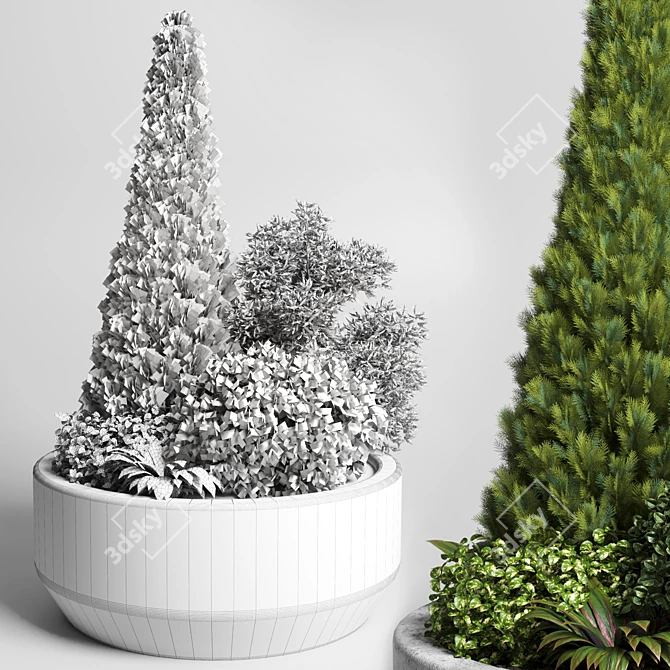 Outdoor Plant Collection: Grass & Thuja Bush in Concrete Vase 3D model image 3
