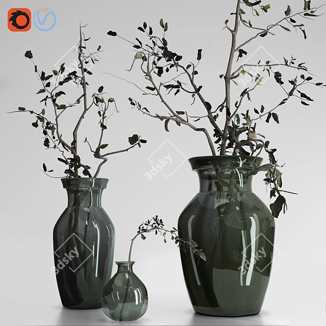 Dried Olive Branch Bouquet in Glass Vase 3D model image 1