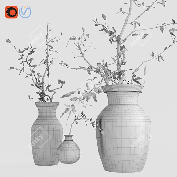 Dried Olive Branch Bouquet in Glass Vase 3D model image 2