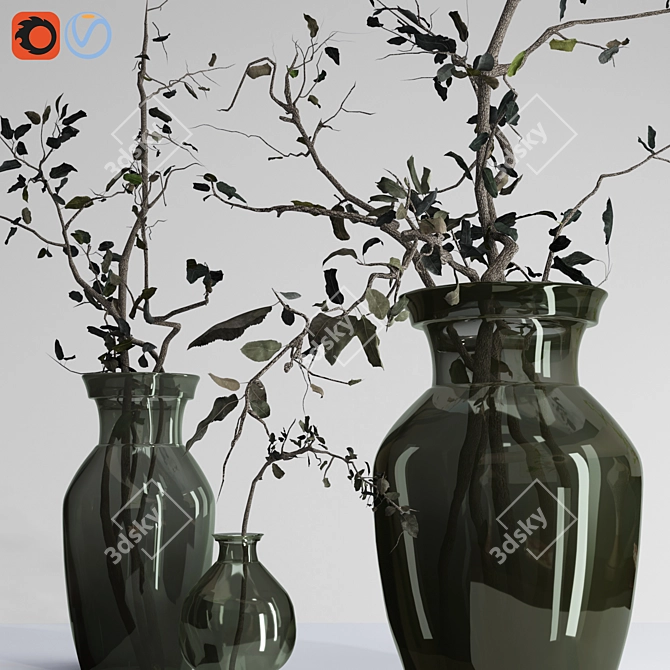 Dried Olive Branch Bouquet in Glass Vase 3D model image 3